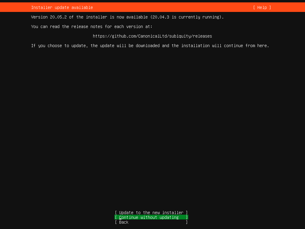今回はContinue without updatingを